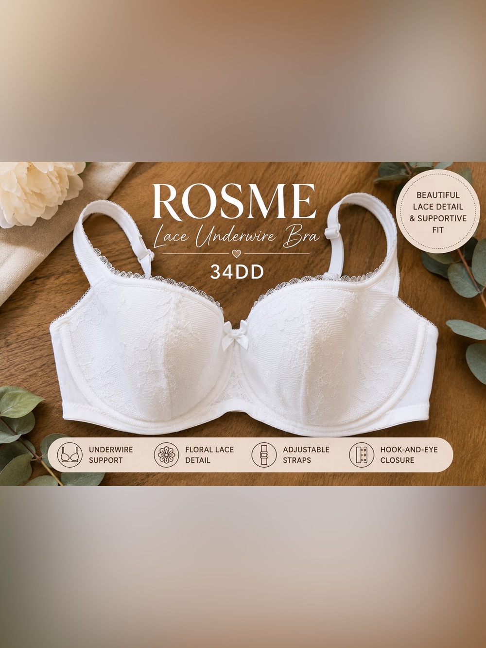 ROSME White Lace Underwire Bra – 34DD